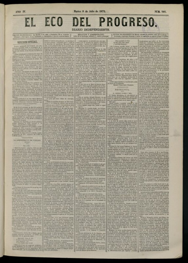 Miniatura de El Eco del Progreso : diario independiente. 9 de julio de 1872, nº 797