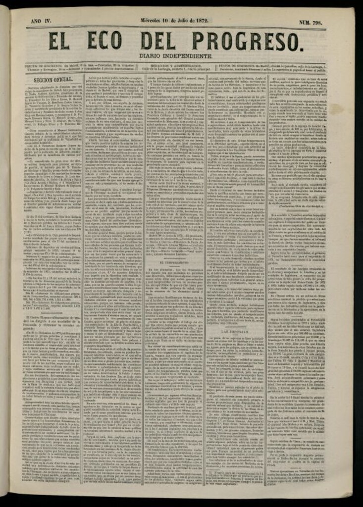 Miniatura de El Eco del Progreso : diario independiente. 10 de julio de 1872, nº 798
