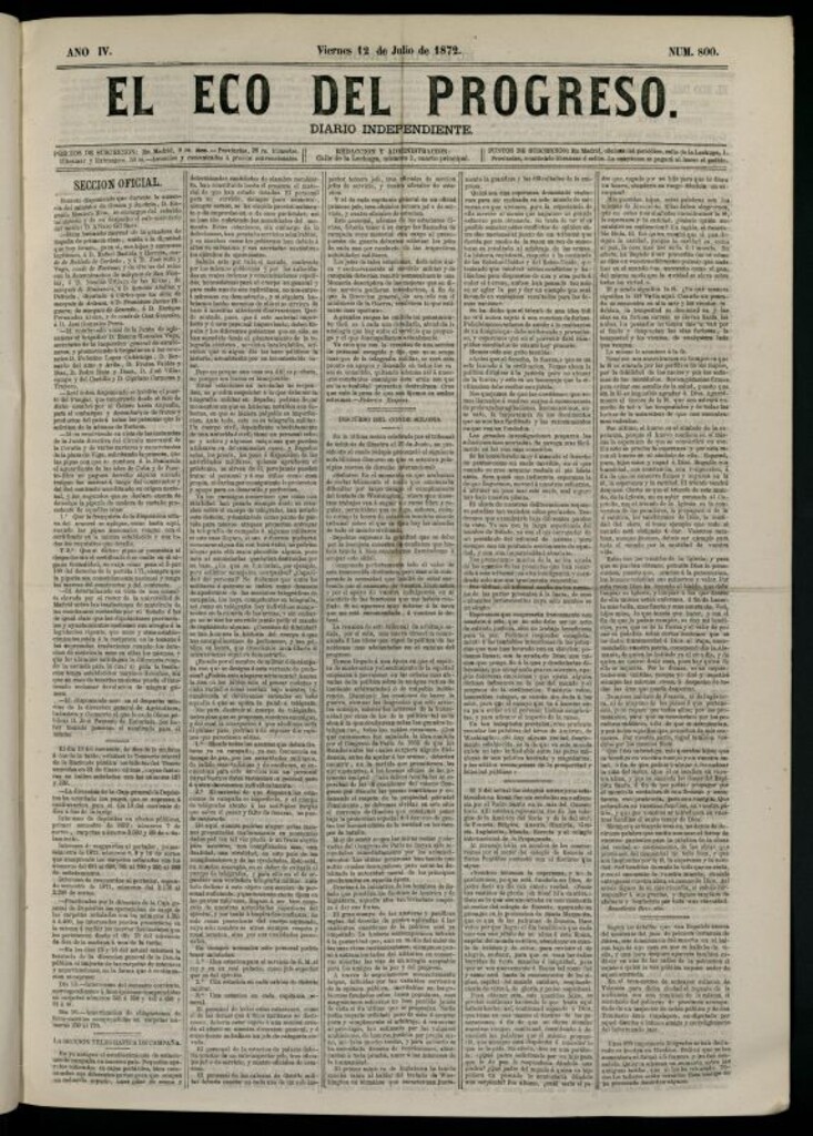 Miniatura de El Eco del Progreso : diario independiente. 12 de julio de 1872, nº 800