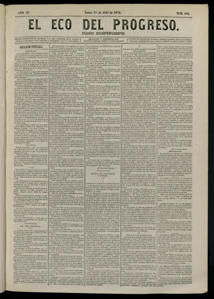 Miniatura de El Eco del Progreso : diario independiente. 15 de julio de 1872, nº 802