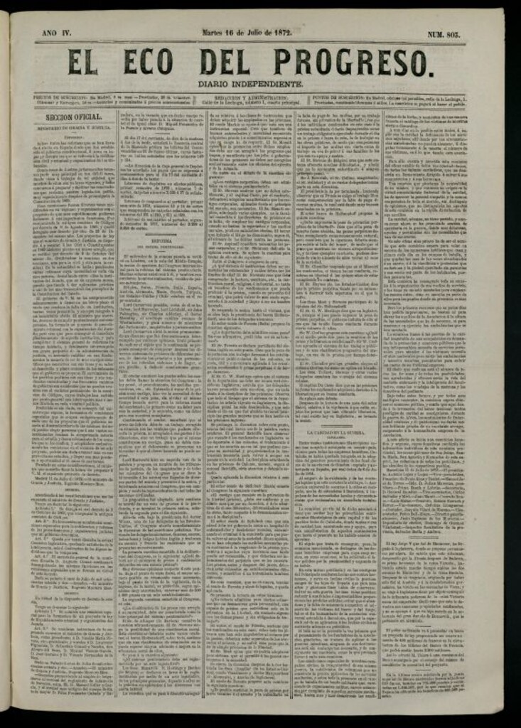 Miniatura de El Eco del Progreso : diario independiente. 16 de julio de 1872, nº 803