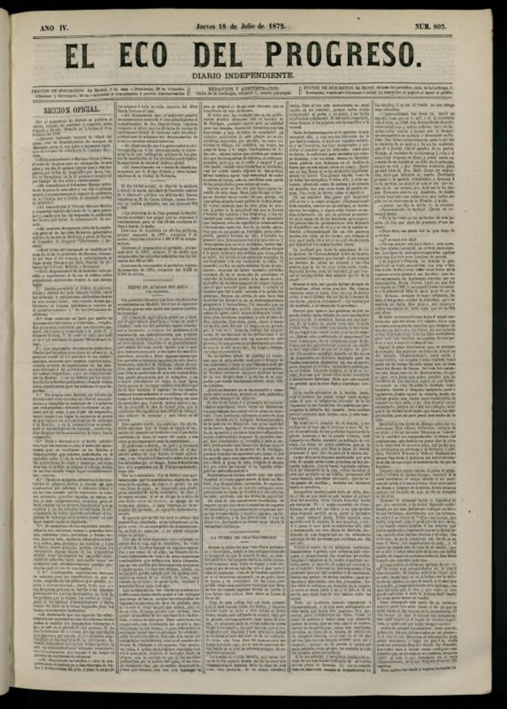 Miniatura de El Eco del Progreso : diario independiente. 18 de julio de 1872, nº 805