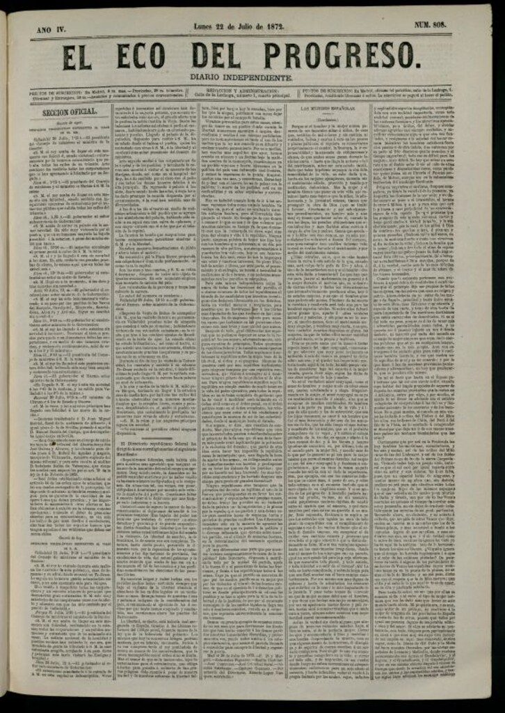 Miniatura de El Eco del Progreso : diario independiente. 22 de julio de 1872, nº 808