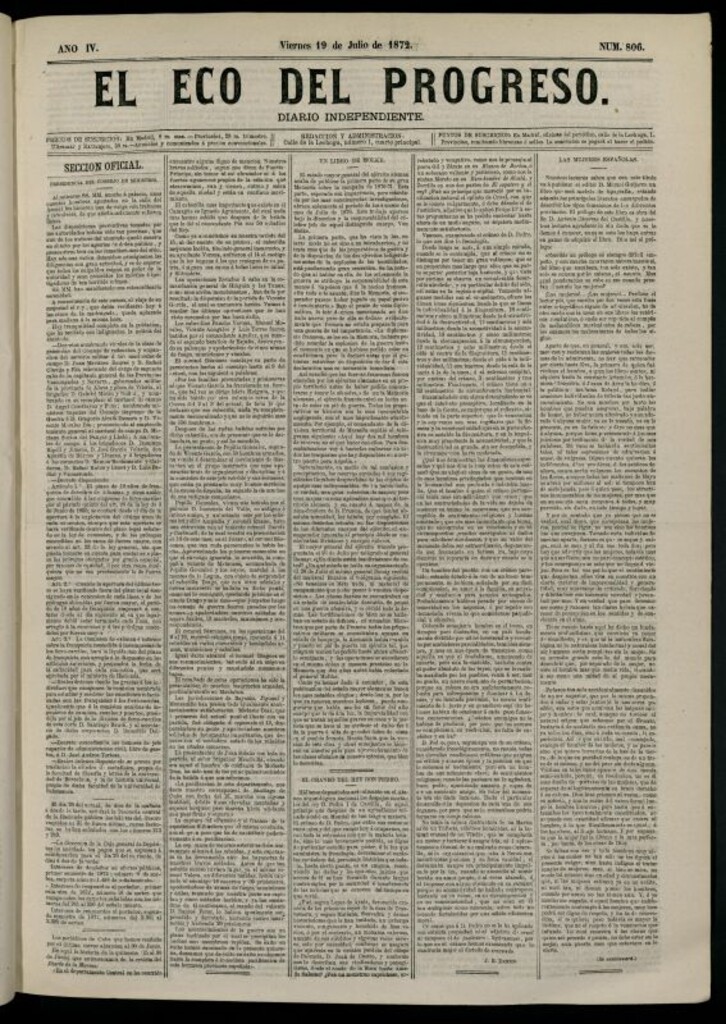 Miniatura de El Eco del Progreso : diario independiente. 19 de julio de 1872, nº 806