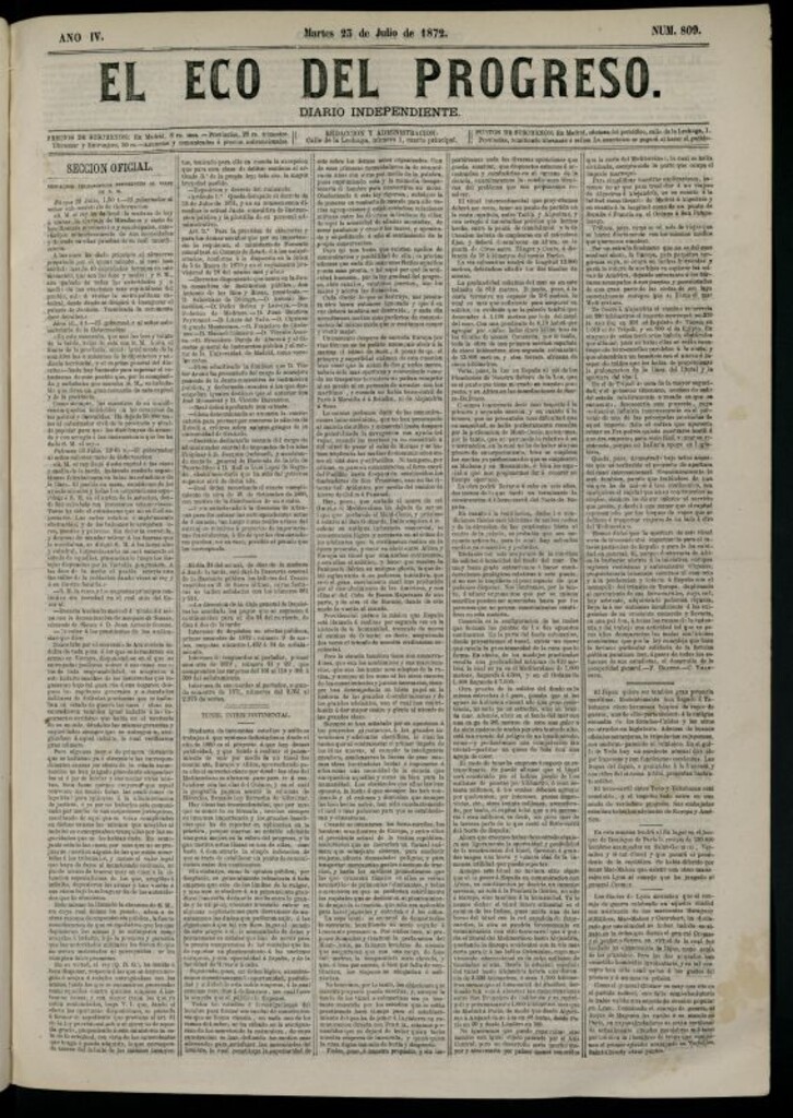 Miniatura de El Eco del Progreso : diario independiente. 23 de julio de 1872, nº 809