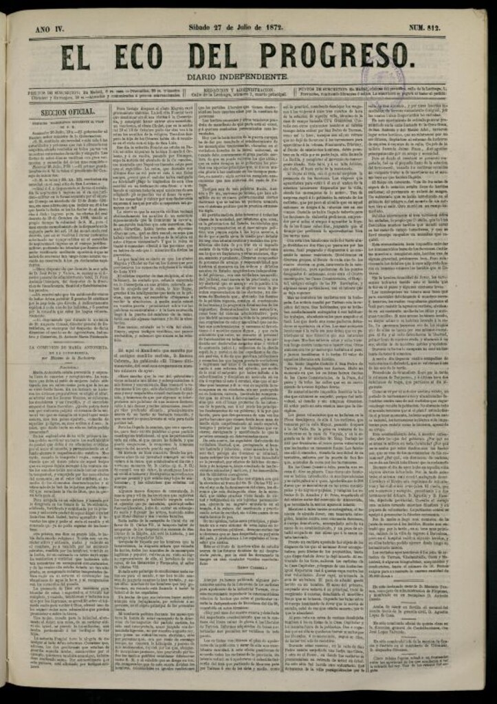 Miniatura de El Eco del Progreso : diario independiente. 27 de julio de 1872, nº 812