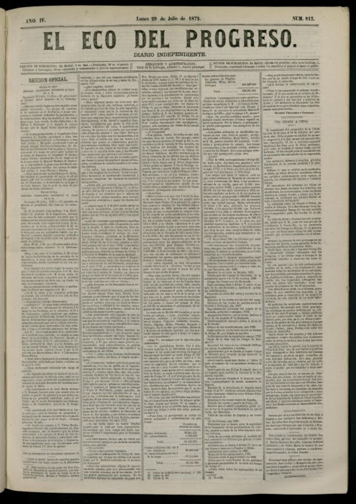 Miniatura de El Eco del Progreso : diario independiente. 29 de julio de 1872, nº 813