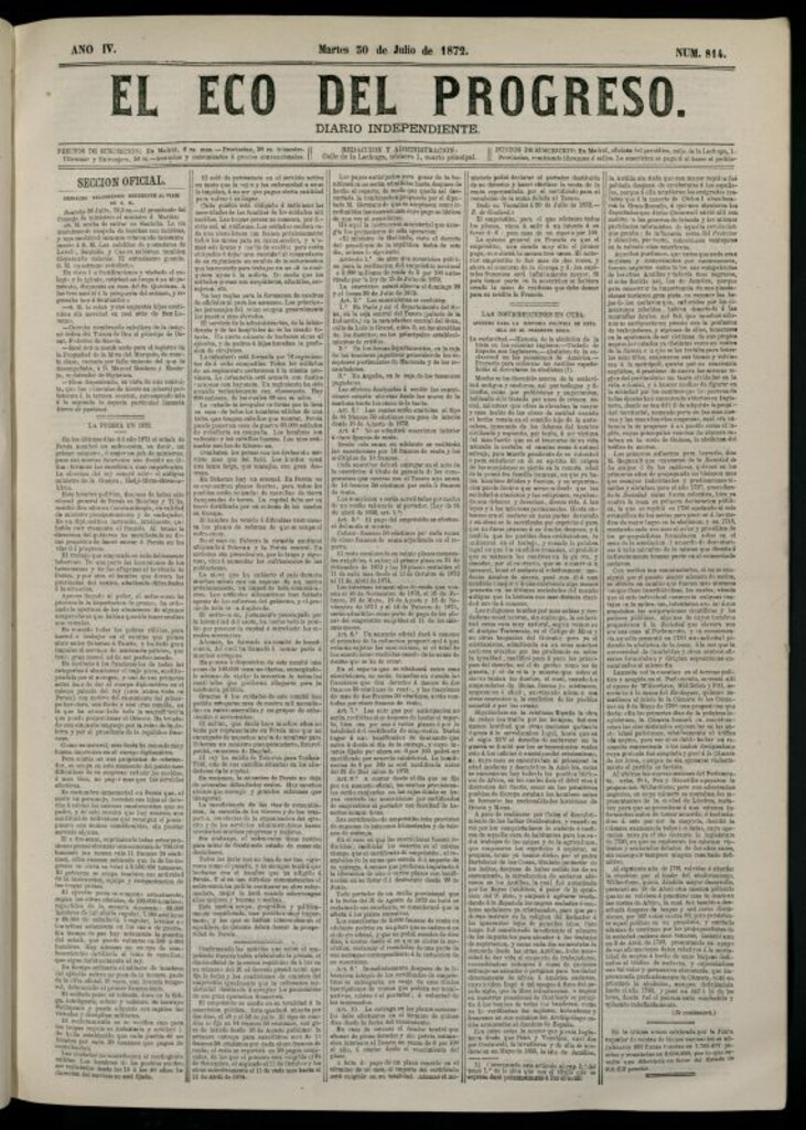 Miniatura de El Eco del Progreso : diario independiente. 30 de julio de 1872, nº 814