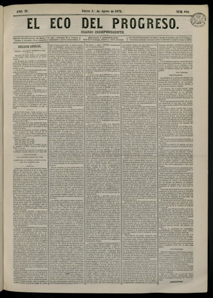 Miniatura de El Eco del Progreso : diario independiente. 1 de agosto de 1872, nº 816