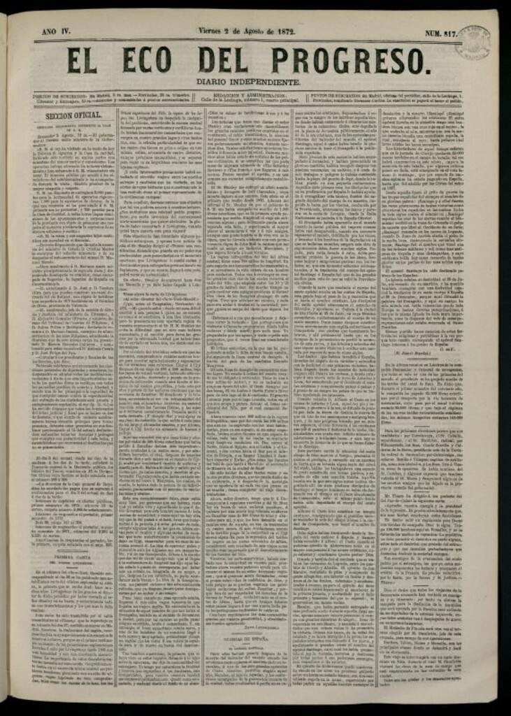 Miniatura de El Eco del Progreso : diario independiente. 2 de agosto de 1872, nº 817