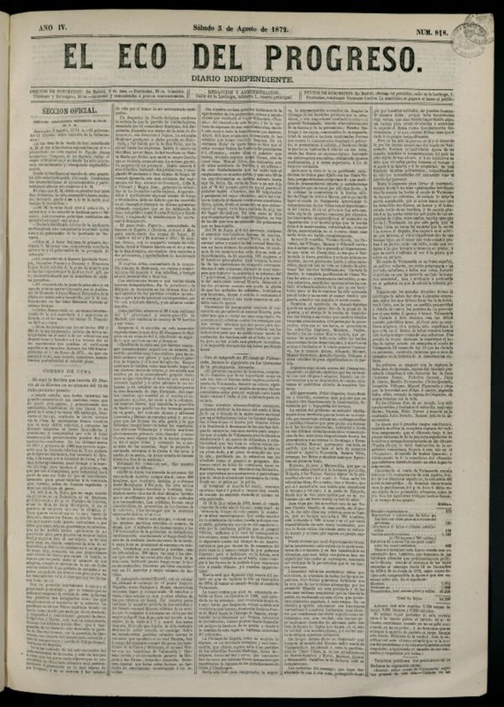 Miniatura de El Eco del Progreso : diario independiente. 3 de agosto de 1872, nº 818