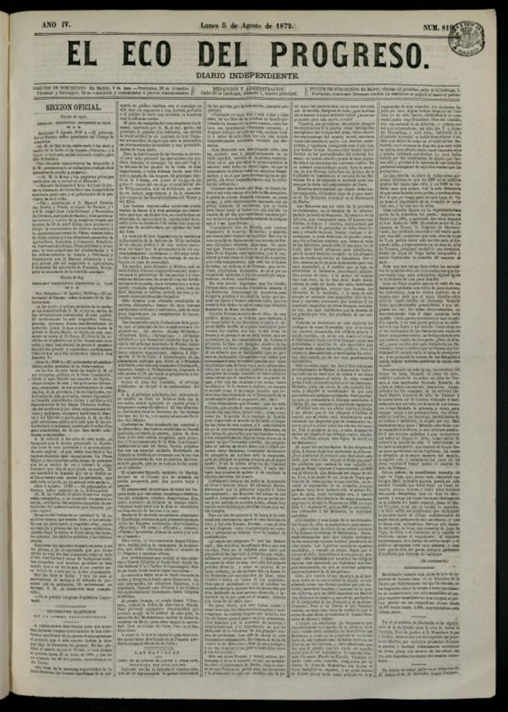 Miniatura de El Eco del Progreso : diario independiente. 5 de agosto de 1872, nº 819