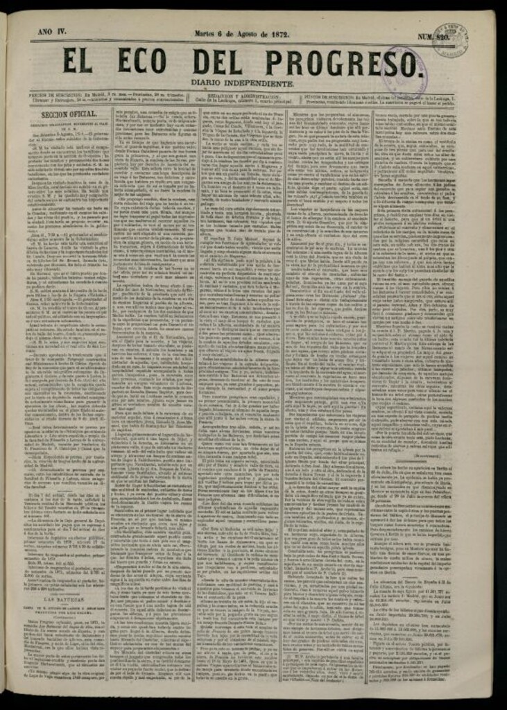 Miniatura de El Eco del Progreso : diario independiente. 6 de agosto de 1872, nº 820