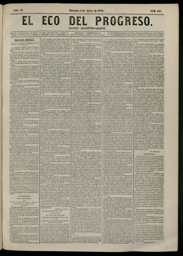 Miniatura de El Eco del Progreso : diario independiente. 7 de agosto de 1872, nº 821