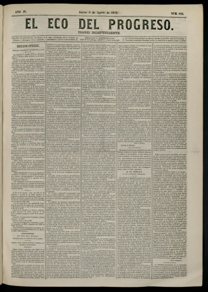 Miniatura de El Eco del Progreso : diario independiente. 8 de agosto de 1872, nº 822