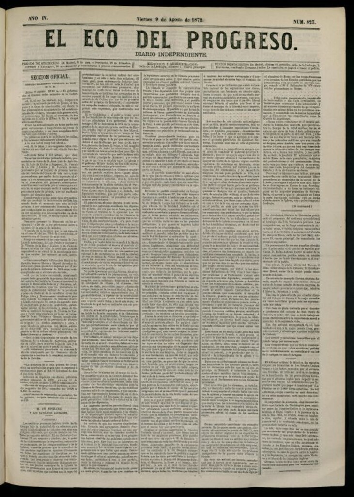 Miniatura de El Eco del Progreso : diario independiente. 9 de agosto de 1872, nº 823