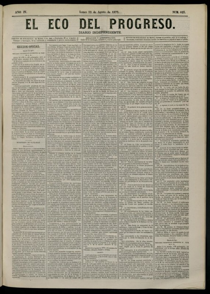 Miniatura de El Eco del Progreso : diario independiente. 12 de agosto de 1872, nº 825