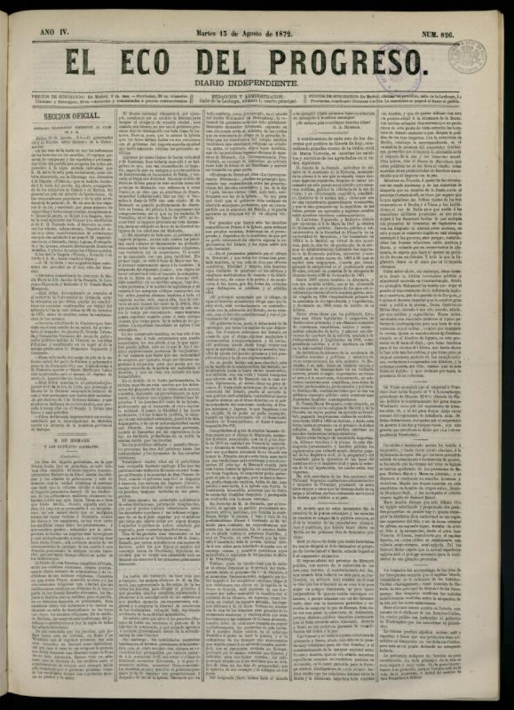 Miniatura de El Eco del Progreso : diario independiente. 13 de agosto de 1872, nº 826
