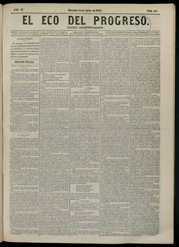 Miniatura de El Eco del Progreso : diario independiente. 14 de agosto de 1872, nº 827