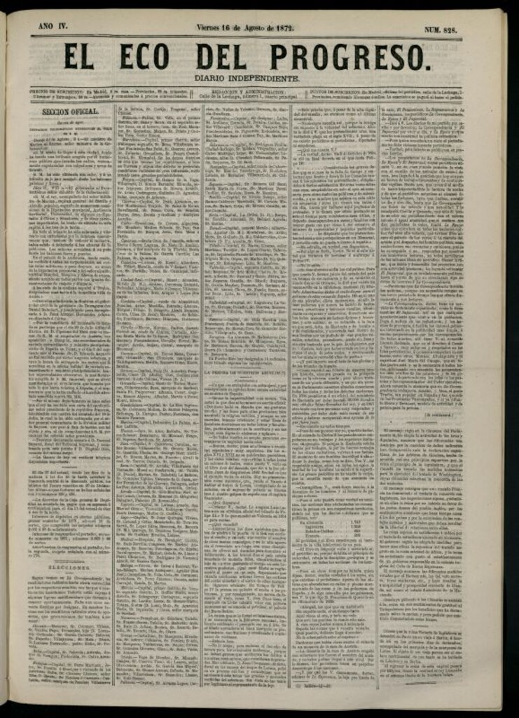 Miniatura de El Eco del Progreso : diario independiente. 16 de agosto de 1872, nº 828