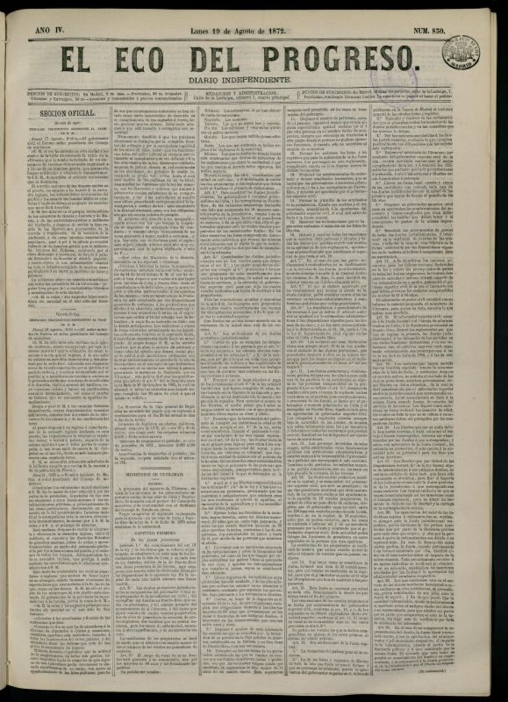 Miniatura de El Eco del Progreso : diario independiente. 19 de agosto de 1872, nº 830