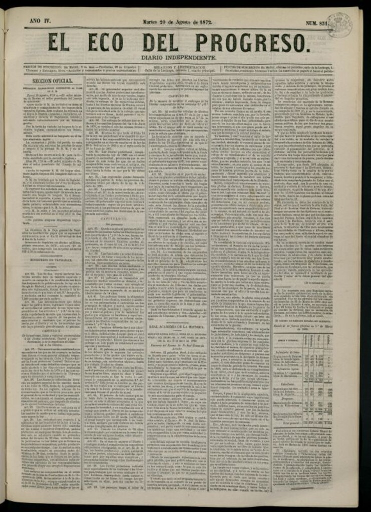 Miniatura de El Eco del Progreso : diario independiente. 20 de agosto de 1872, nº 831