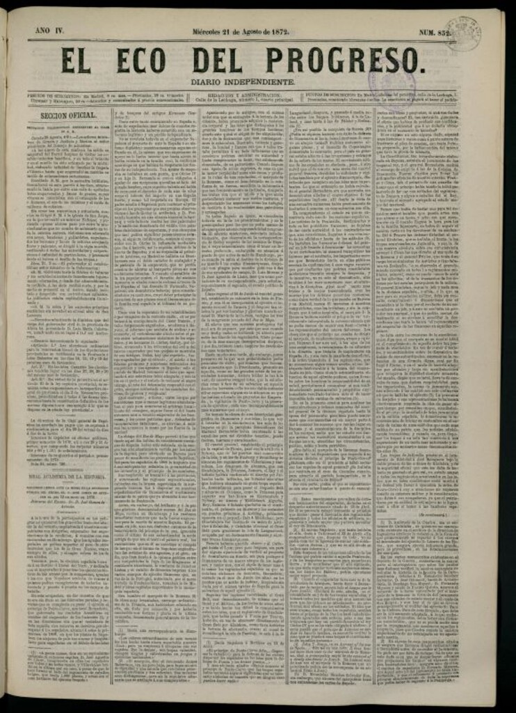 Miniatura de El Eco del Progreso : diario independiente. 21 de agosto de 1872, nº 832
