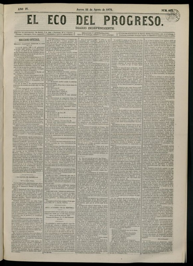 Miniatura de El Eco del Progreso : diario independiente. 22 de agosto de 1872, nº 833