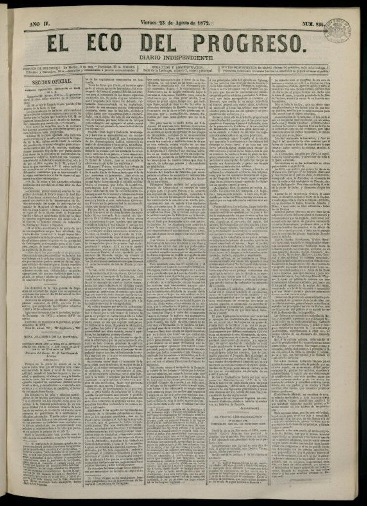 Miniatura de El Eco del Progreso : diario independiente. 23 de agosto de 1872, nº 834