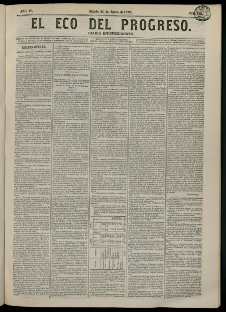 Miniatura de El Eco del Progreso : diario independiente. 24 de agosto de 1872, nº 835