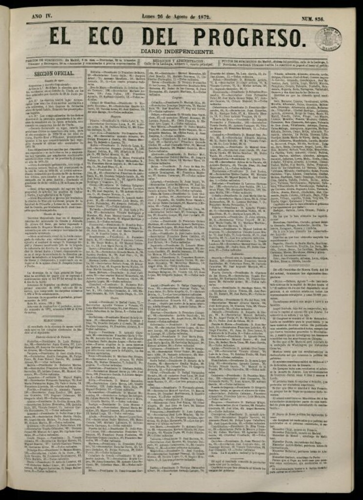 Miniatura de El Eco del Progreso : diario independiente. 26 de agosto de 1872, nº 836