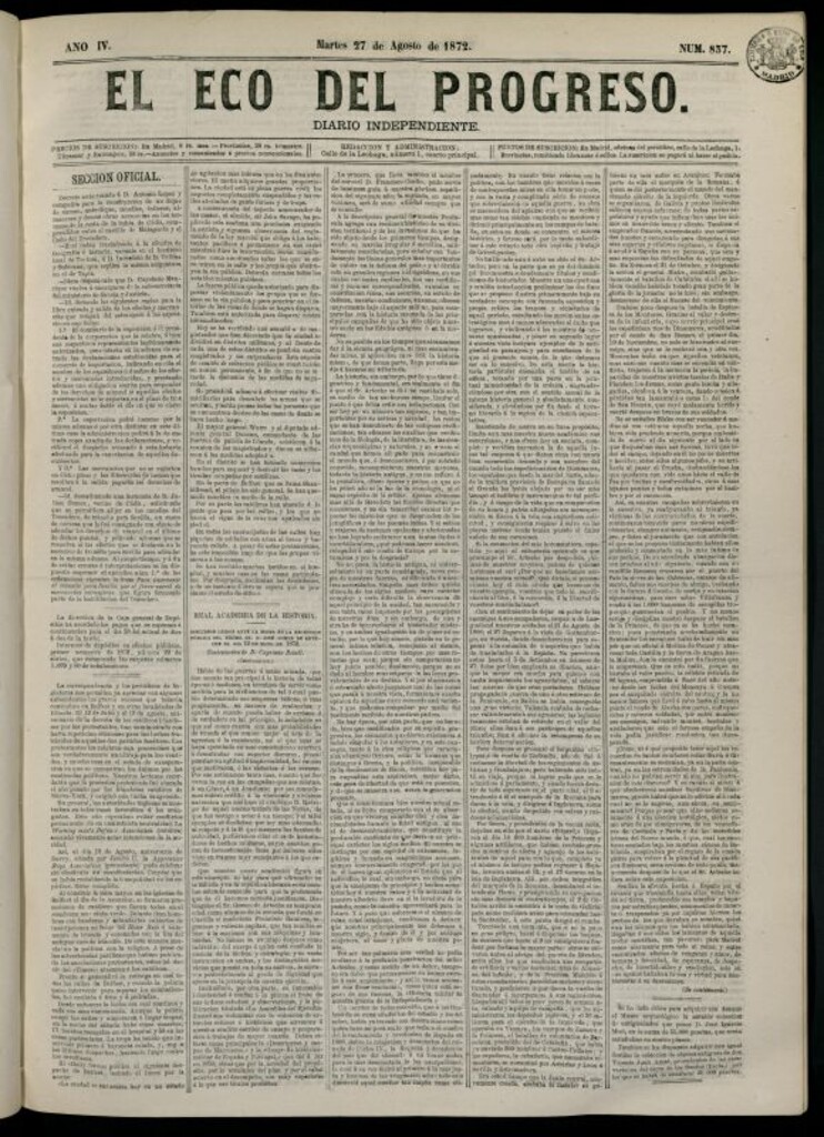 Miniatura de El Eco del Progreso : diario independiente. 27 de agosto de 1872, nº 837