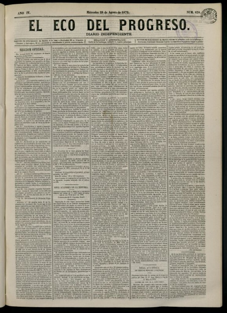 Miniatura de El Eco del Progreso : diario independiente. 28 de agosto de 1872, nº 838