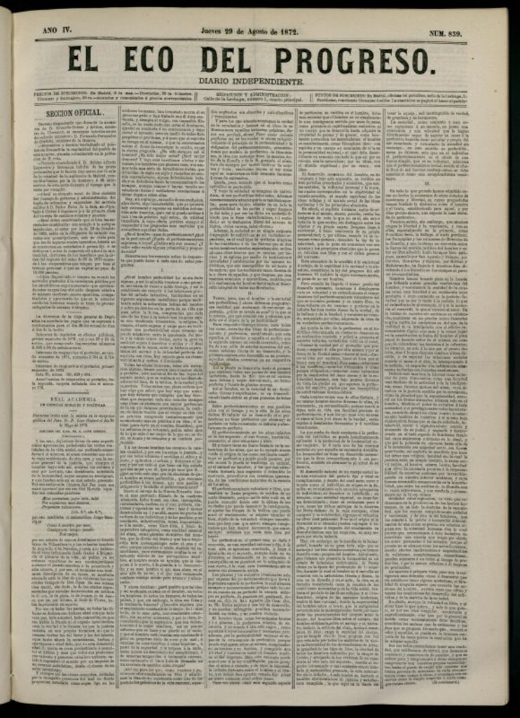 Miniatura de El Eco del Progreso : diario independiente. 29 de agosto de 1872, nº 839