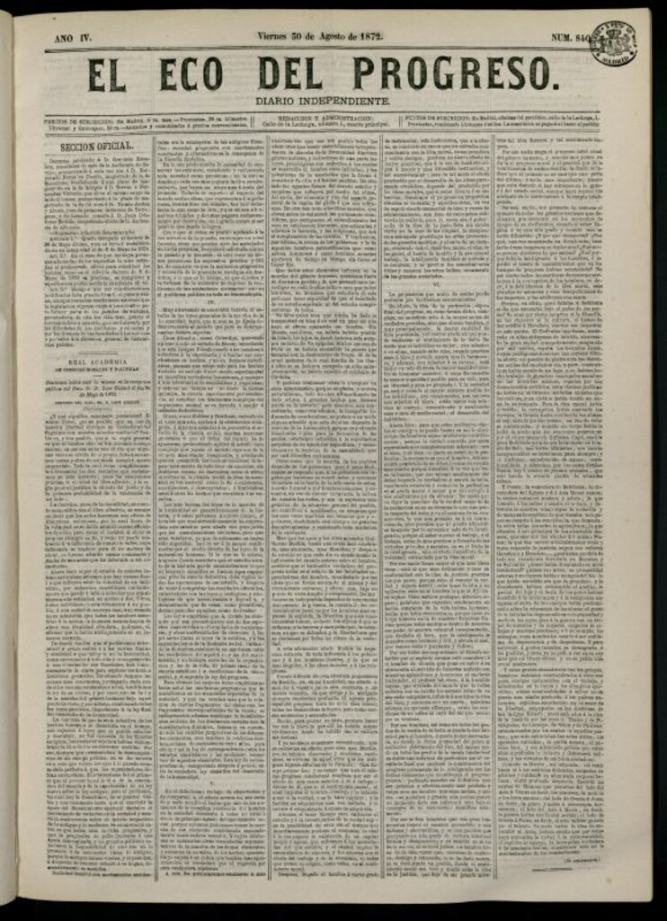 Miniatura de El Eco del Progreso : diario independiente. 30 de agosto de 1872, nº 840