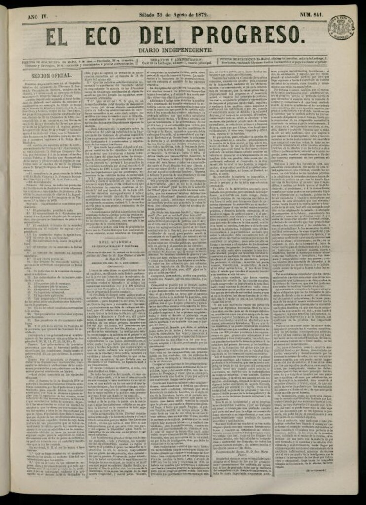 Miniatura de El Eco del Progreso : diario independiente. 31 de agosto de 1872, nº 841