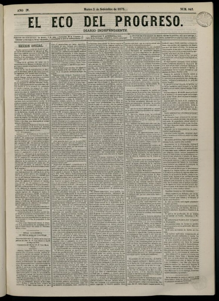 Miniatura de El Eco del Progreso : diario independiente. 3 de septiembre de 1872, nº 843