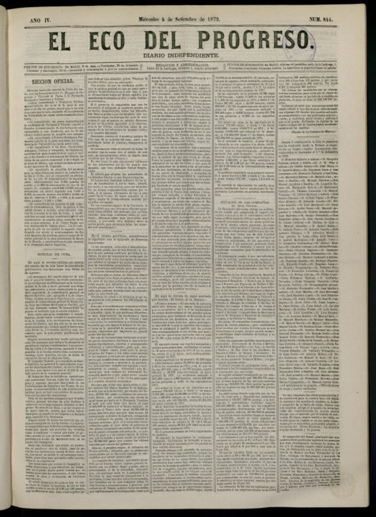 Miniatura de El Eco del Progreso : diario independiente. 4 de septiembre de 1872, nº 844