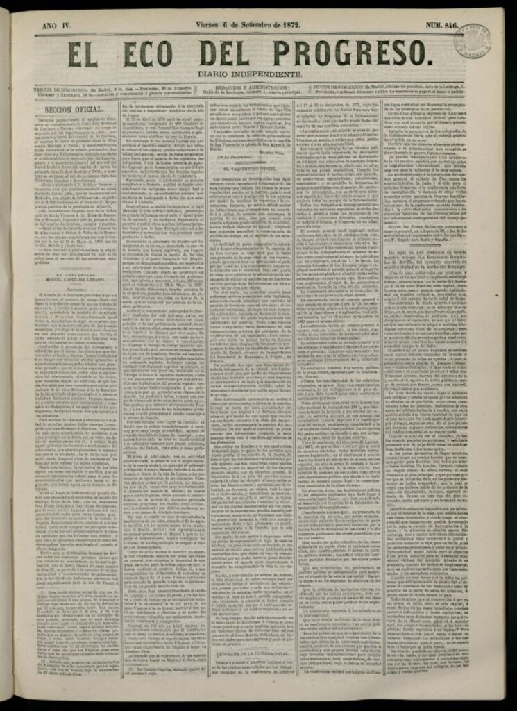 Miniatura de El Eco del Progreso : diario independiente. 6 de septiembre de 1872, nº 846