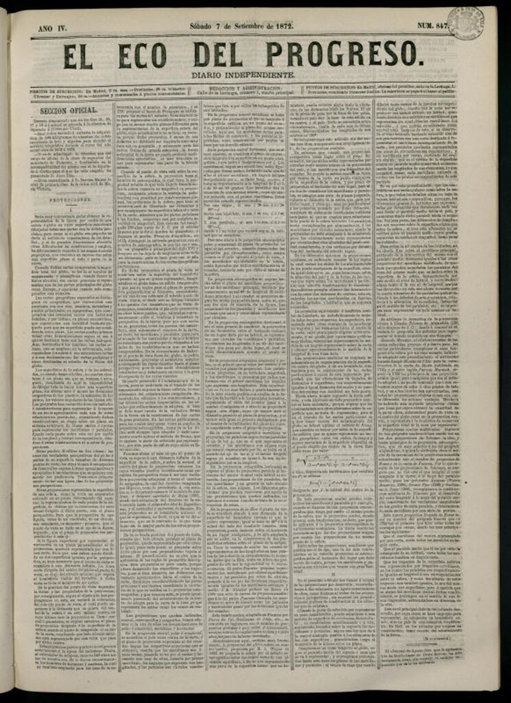 Miniatura de El Eco del Progreso : diario independiente. 7 de septiembre de 1872, nº 847
