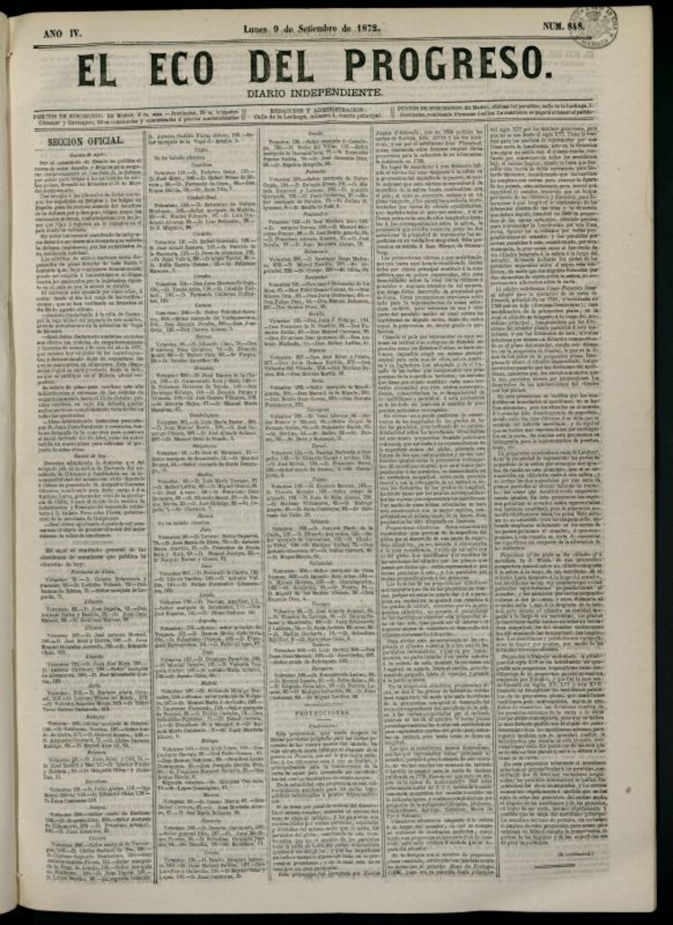 Miniatura de El Eco del Progreso : diario independiente. 9 de septiembre de 1872, nº 848