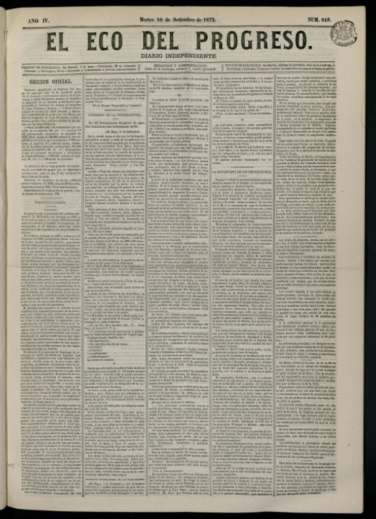 Miniatura de El Eco del Progreso : diario independiente. 10 de septiembre de 1872, nº 849