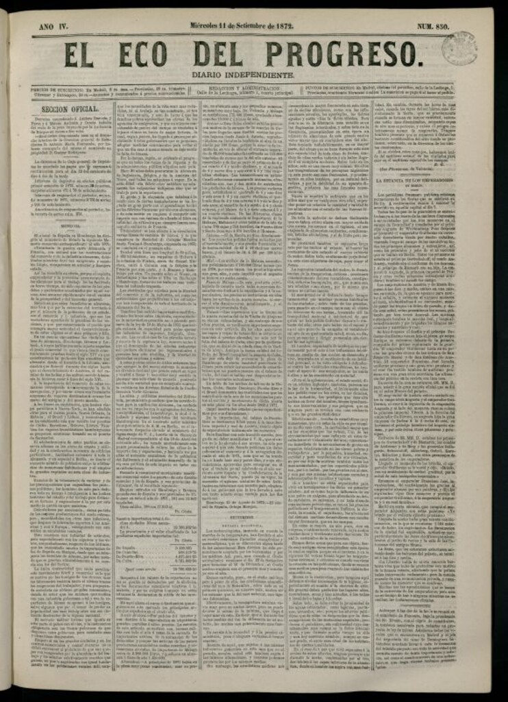 Miniatura de El Eco del Progreso : diario independiente. 11 de septiembre de 1872, nº 850