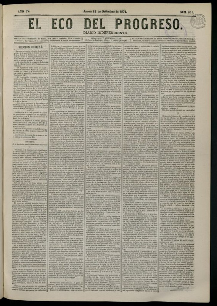 Miniatura de El Eco del Progreso : diario independiente. 12 de septiembre de 1872, nº 851