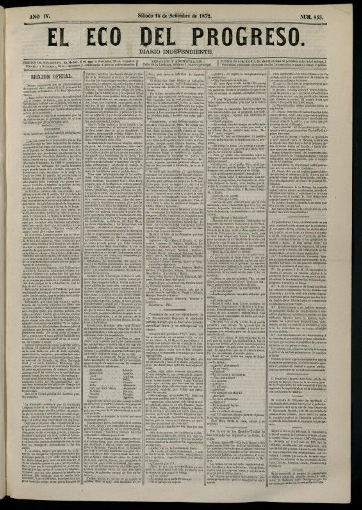 Miniatura de El Eco del Progreso : diario independiente. 14 de septiembre de 1872, nº 853