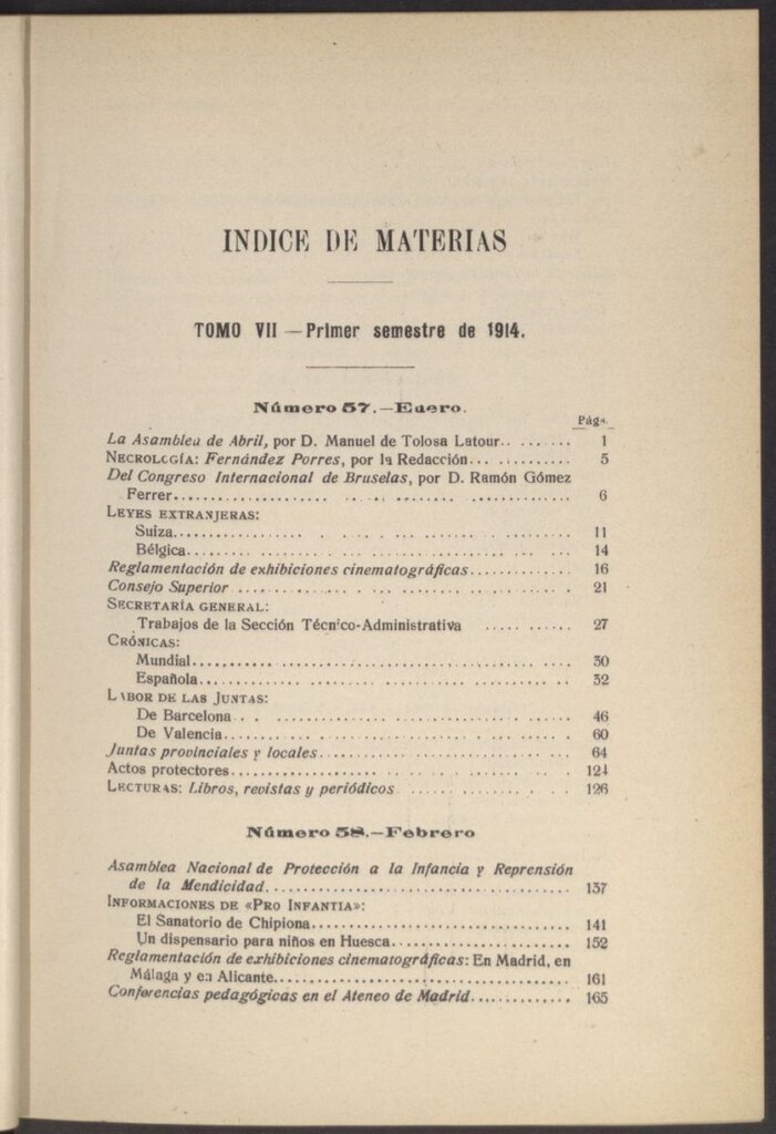 Miniatura de Pro Infantia : boletín del Consejo Superior de Protección a la Infancia y Represión de la Mendicidad .Índices. Primer Semestre.