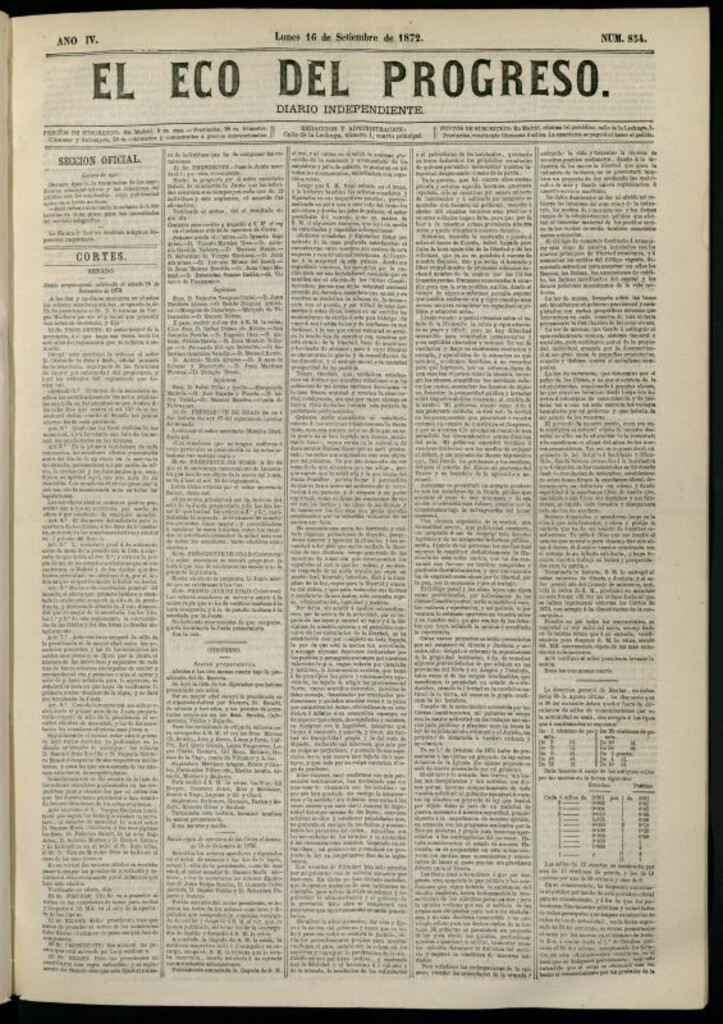 Miniatura de El Eco del Progreso : diario independiente. 16 de septiembre de 1872, nº 854