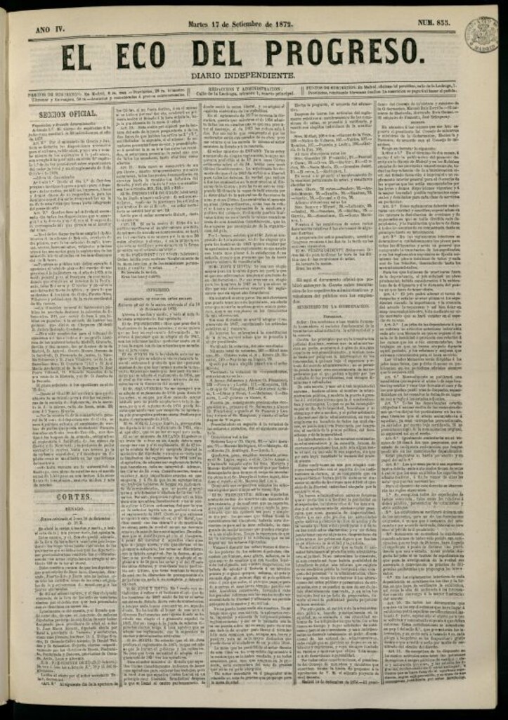 Miniatura de El Eco del Progreso : diario independiente. 17 de septiembre de 1872, nº 855
