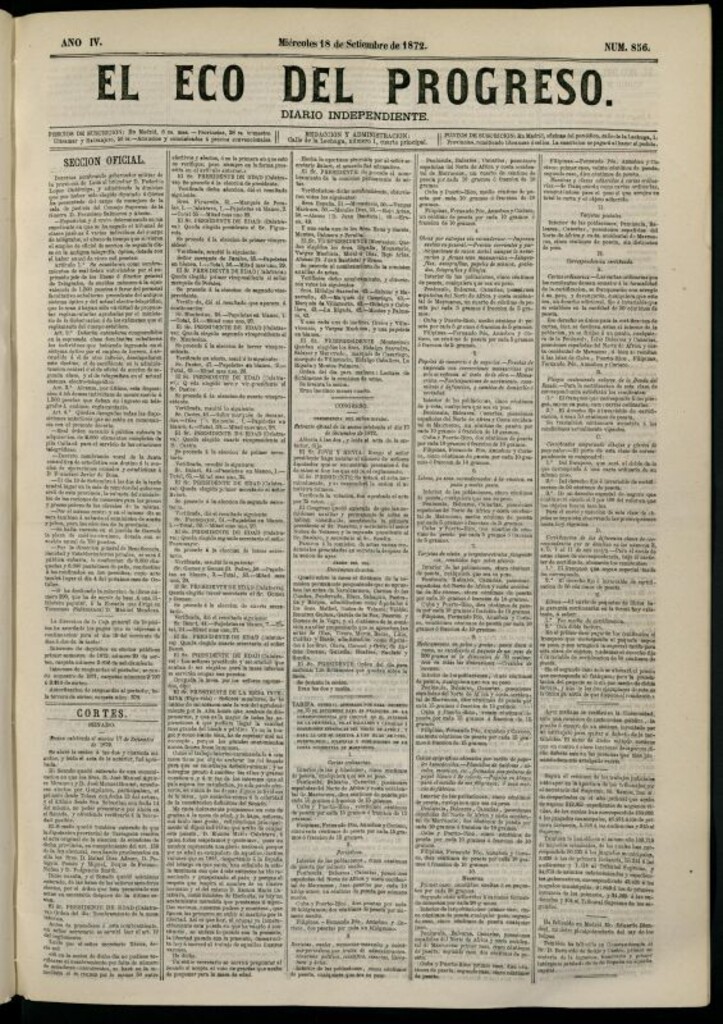 Miniatura de El Eco del Progreso : diario independiente. 18 de septiembre de 1872, nº 856