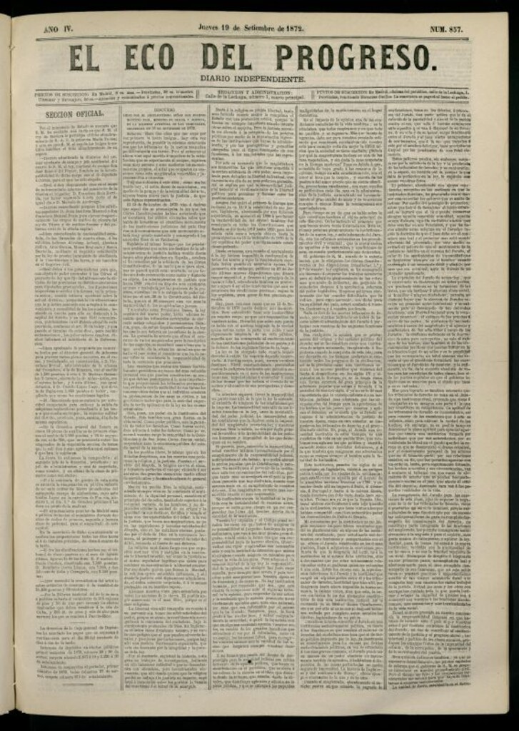 Miniatura de El Eco del Progreso : diario independiente. 19 de septiembre de 1872, nº 857